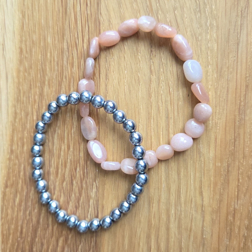 Silver Hematite & Orange Sunstone Bead Stretch Bracelet Set, Hand Crafted - Picture 9 of 13